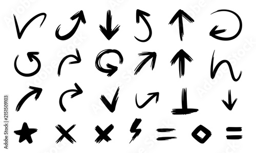 Black doodle arrow vector collection with hand drawn curved arrows, sketch direction signs, loop symbols elements for notes and highlights