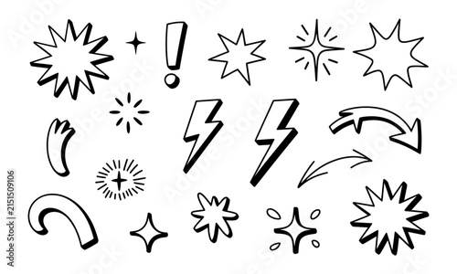 Crayon drawn attention symbols and doodle emphasis marks collection. Hand drawn sparkle bursts, cosmic rays, sketch highlight signs, manga starburst shapes and vector illustration