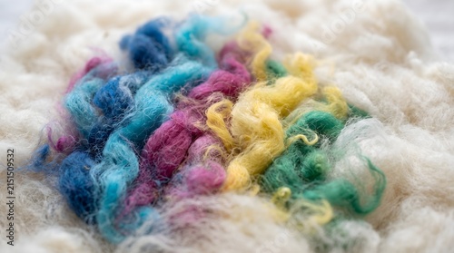 Colorful wool roving blended into a cloudy fiber field
