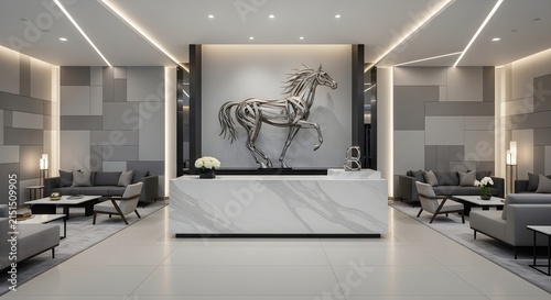 Luxury modern office reception lobby with sleek white marble desk, metallic horse sculpture art, and contemporary seating areas