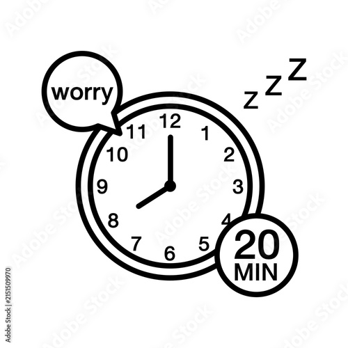 Line art icon featuring a clock set to 20 minutes and a worry bubble, representing limiting power naps for better night rest.