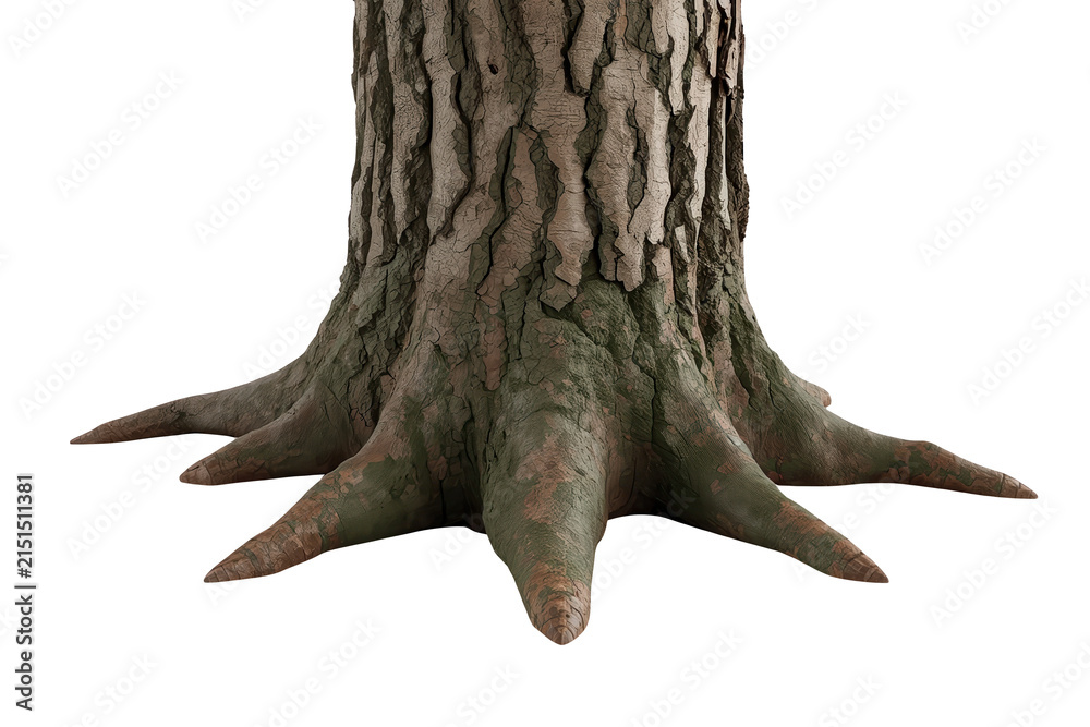 Obraz premium Massive mature tree trunk base with thick exposed radial roots
