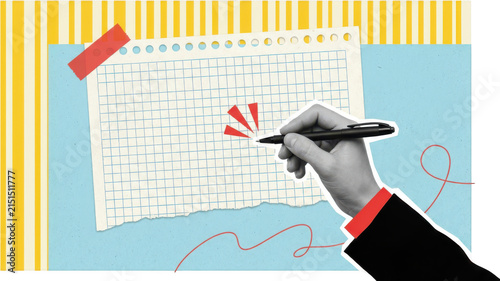 Hand holding a pen poised to write on a torn sheet of graph paper with red tape against a vibrant striped and textured background writing notebook education creativity ideas