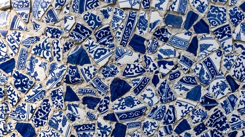 Broken porcelain mosaic with irregular cobalt fragments
