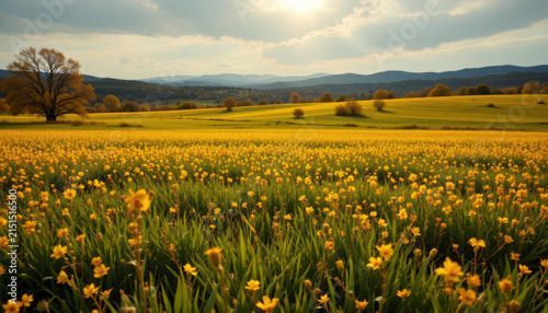 Yellow flower field with green grass under cloudy sky and distant hills in warm sunlight creating peaceful mood