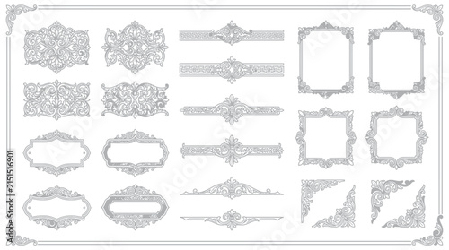 Ornate decorative elements, frames, borders, and corners, isolated