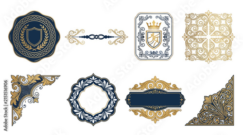 Ornate decorative elements, crests, borders, and corners