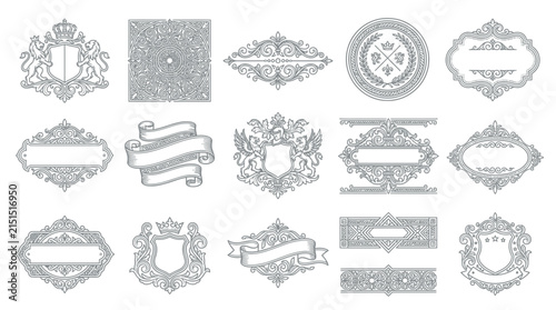 Ornate Emblems & Frames Collection, Vintage Heraldic Design Elements