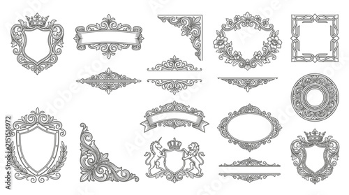 Ornate Vintage Design Elements: Frames, Crests, Corners, and Emblems