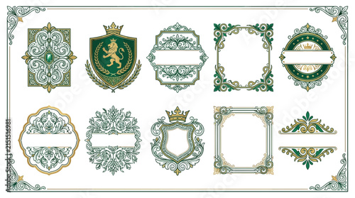 Ornate Vintage Emblems and Frames - Green and Gold Decorative Elements