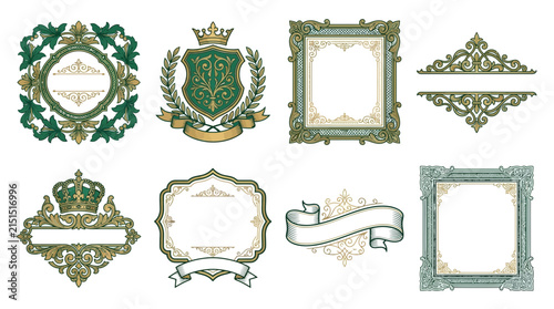 Ornate vintage frames and crests isolated on transparent background