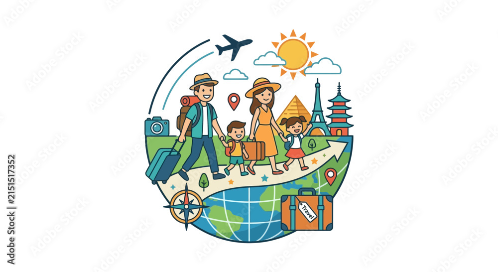 Naklejka premium Happy Family Traveling Around The World Flat Illustration