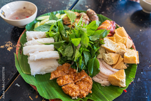 Bun dau mam tom or Vermicelli with shrimp paste. Vietnamese cuisine. Northern Vietnamese dish. It has distinct smells that only locals can enjoy. A combination plate with cooked pork ribs, fried tofu