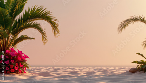 Tropical palm leaves and vibrant pink flowers frame serene sandy beach under soft warm light, creating peaceful and inviting atmosphere