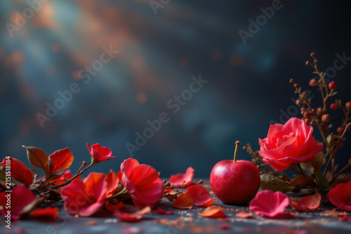 Red apple with red rose and petals on dark surface with soft light rays creating romantic and serene atmosphere