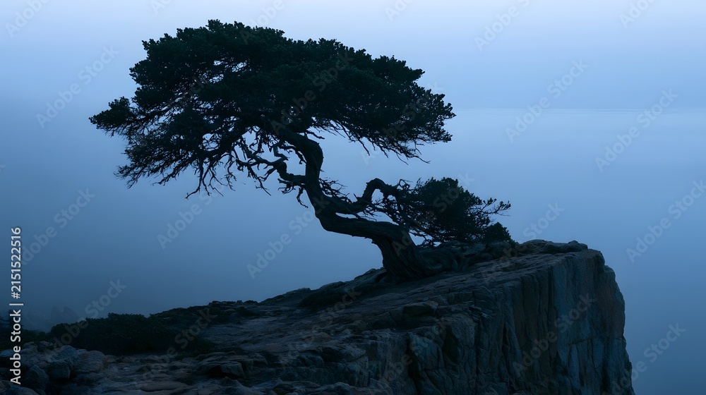 Fototapeta premium Minimalist Juniper Silhouette on Fog-Shrouded Cliff at Dusk
