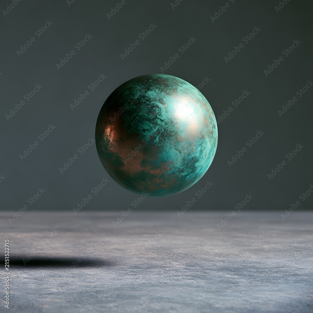 Fototapeta premium Copper Sphere with Verdigris Patina Hovering above Concrete Surface
