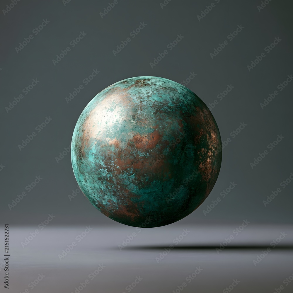 Fototapeta premium Oxidized Copper Sphere with Balanced Verdigris and Copper Reveals
