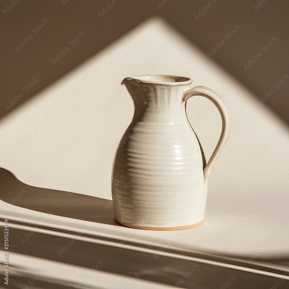 Fototapeta premium Artisan Stoneware Jug on Ledge with Geometric Shadow
