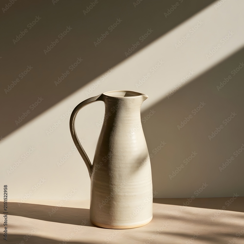 Fototapeta premium Tall Handmade Ceramic Pitcher with Diagonal Shadow on Warm Surface