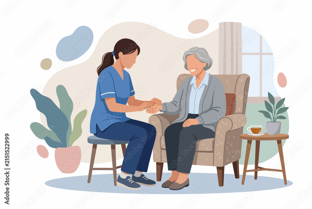 Obraz premium Professional Caregiver Supporting Senior Woman in Living Room