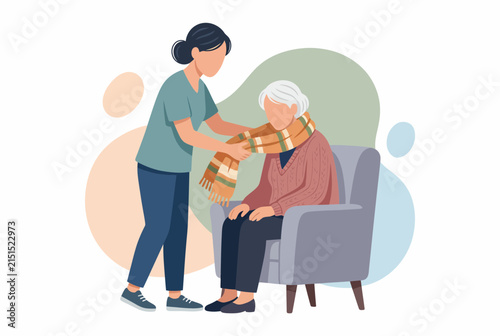 Professional caregiver helping elderly woman with a scarf