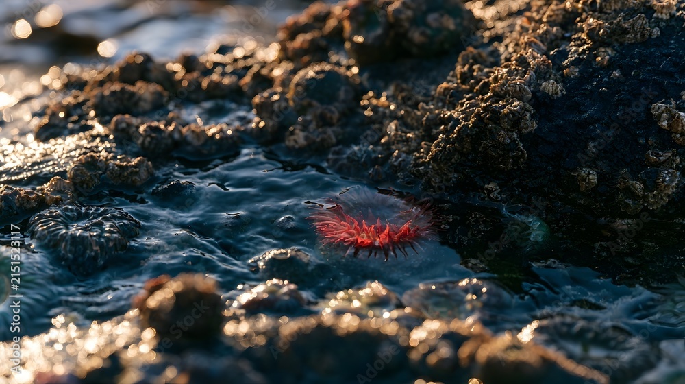 Fototapeta premium Crimson Sea Anemone in Tidal Pool on Volcanic Rock at Dawn