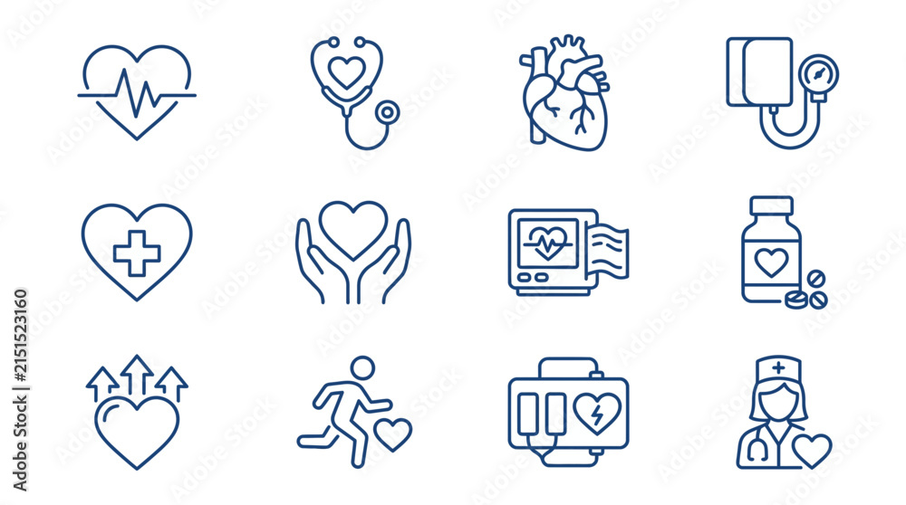 Fototapeta premium Collection of Medical Icons Heart Health Cardiology Healthcare ECG Stethoscope Blood Pressure Nurse
