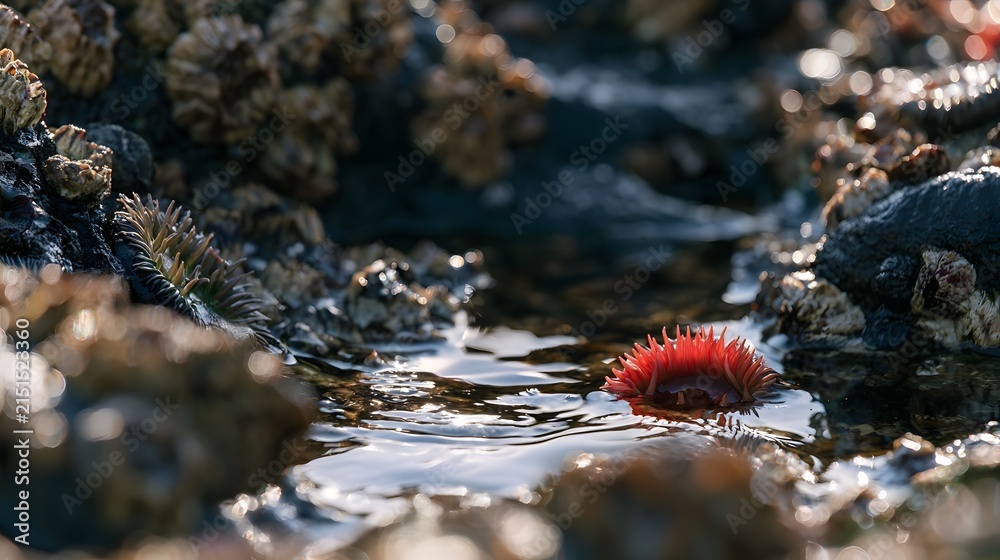 Fototapeta premium Red Sea Anemone in Natural Tidal Rock Pool with Warm Reflections