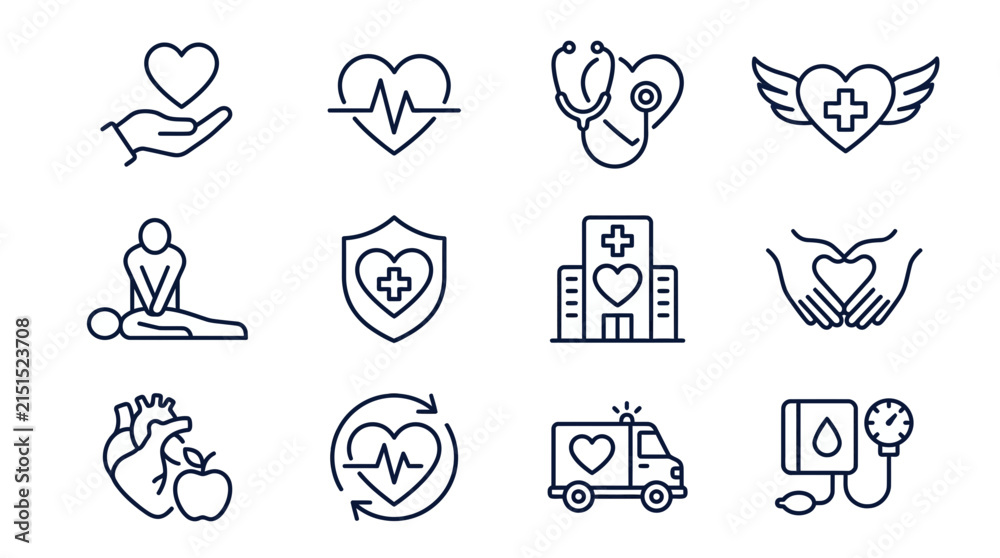 Fototapeta premium Medical Health Care Icons Set Heart Stethoscope Ambulance Hospital Blood Pressure CPR Isolated