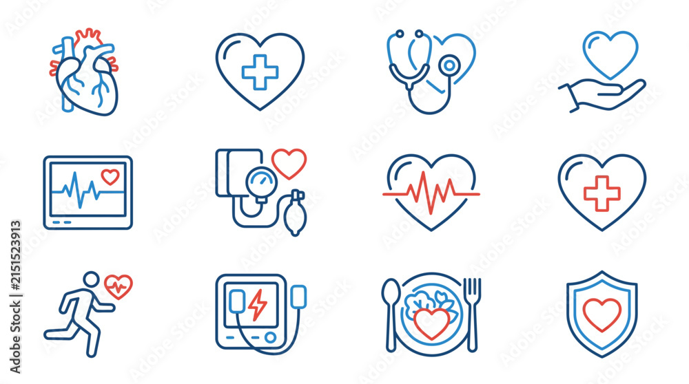 Fototapeta premium Set of Medical Icons Heart Health Cardiology Diagnosis Treatment and Healthy Lifestyle Concepts