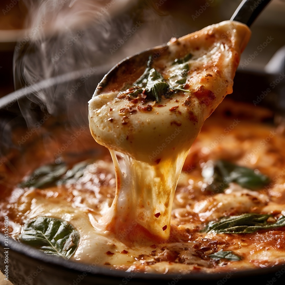 Fototapeta premium Fresh Mozzarella Pull Tomato Sauce Skillet with Basil and Spice