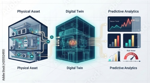 The process shows physical assets connected to a digital twin with predictive analytics for construction projects.