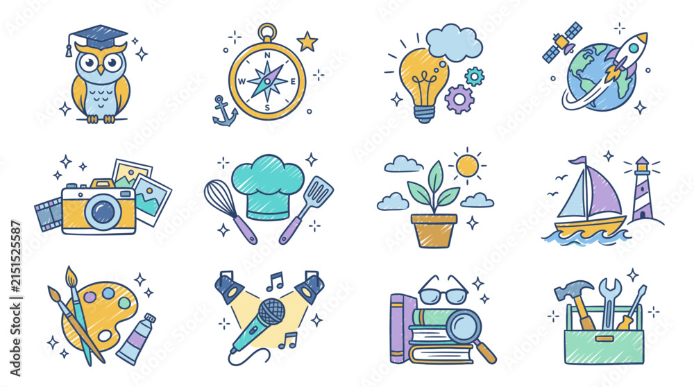 Fototapeta premium Academic and professional icons portraying a wise owl, navigational compass, lightbulb idea, planetary rocket, vintage camera, chef hat, potted plant, sailboat, painter palette, microphone, books.