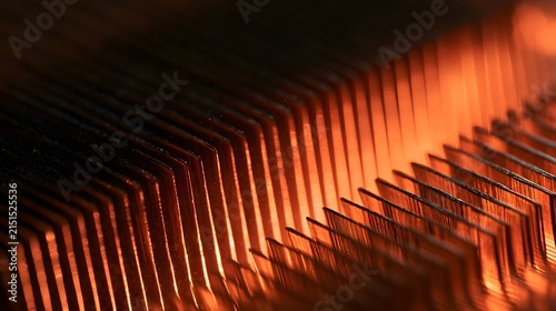 Dramatic Angled View of Copper Heatsink Fins with Orange Center Glow