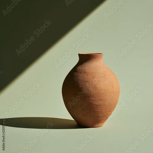 Fototapeta samoprzylepna Rustic Weathered Terracotta Vessel with Pitted Clay Texture on Sage