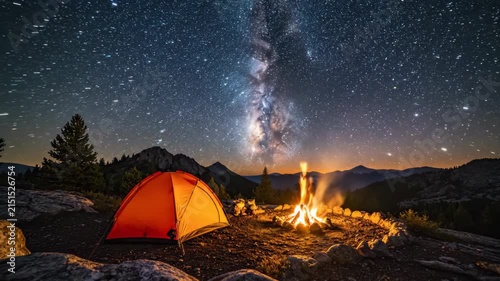 Lit orange tent and campfire under Milky Way galaxy.