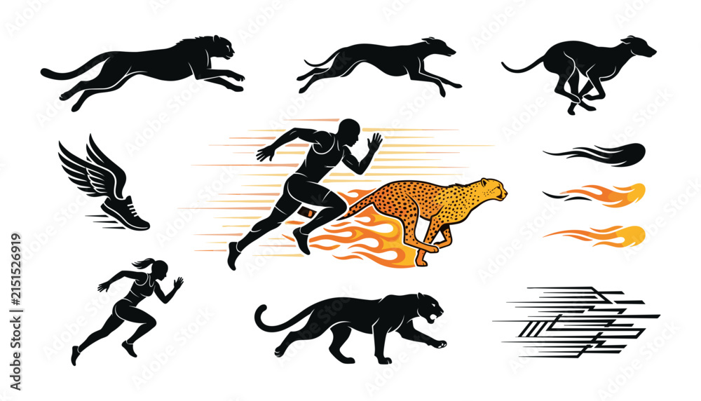 Fototapeta premium Fast Running Athlete Silhouette Racing Against Wild Cheetah and Greyhound Dog Vector Graphic Set for Sports Performance and Speed Concept Designs