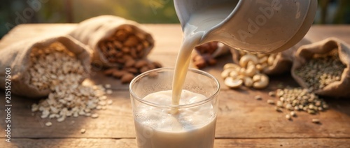 Pouring fresh creamy plant milk into a glass on a rustic table