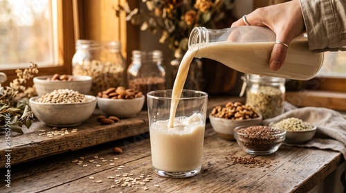 Hand pouring fresh oat milk into a glass on a rustic wooden table