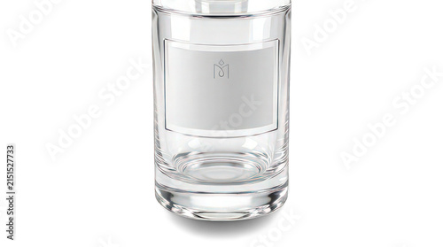Transparent glass bottle with blank label for cosmetic or beverage product branding mockup