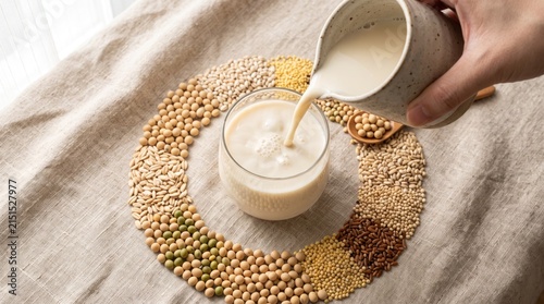 Pouring fresh soy milk into a glass surrounded by diverse grains