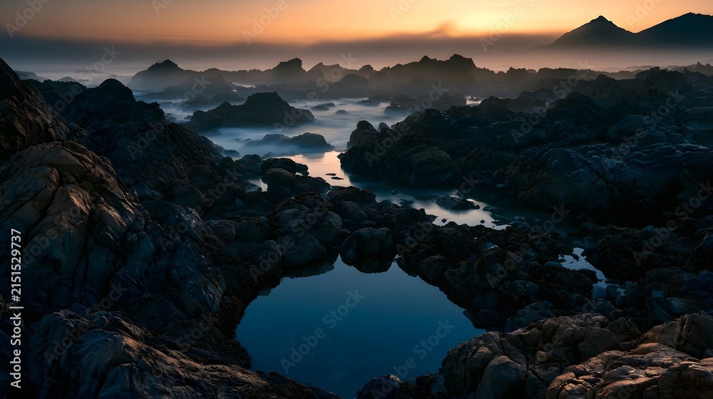 Fototapeta premium Jagged volcanic coast at dawn with tide pool
