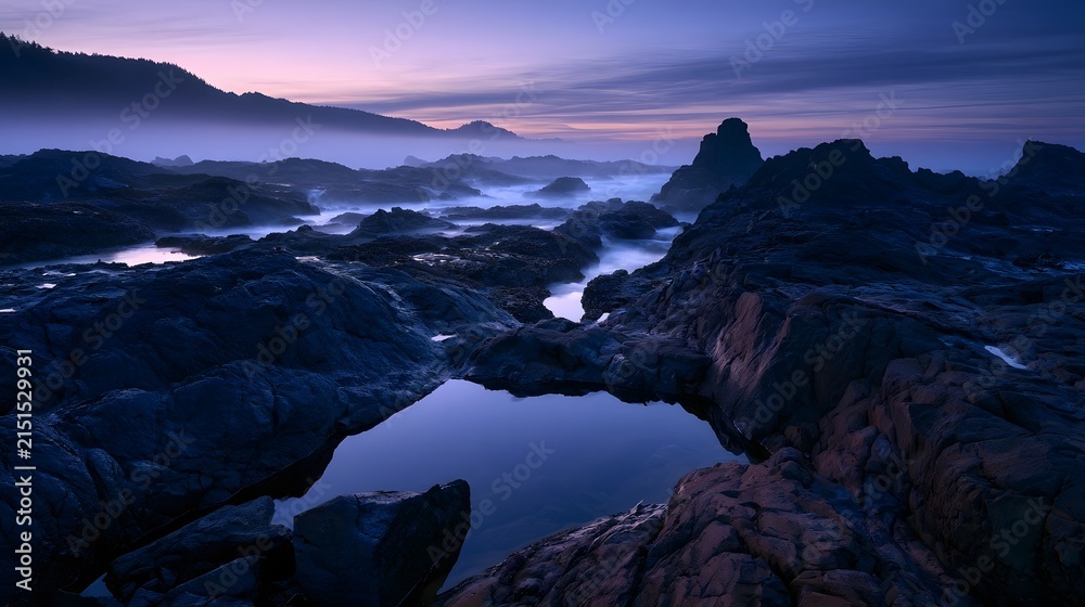 Fototapeta premium Jagged volcanic coast at dawn with tide pool