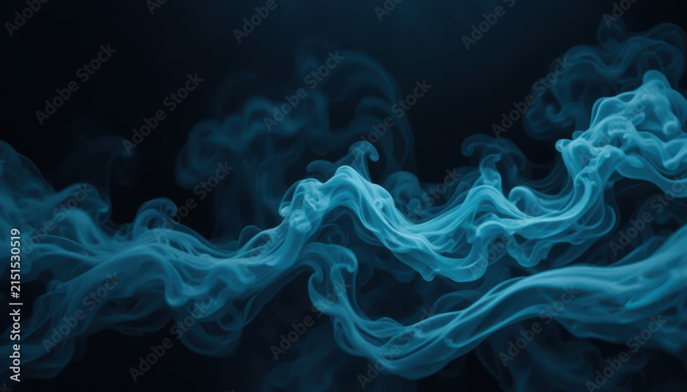 Fototapeta premium Abstract swirling blue smoke clouds against deep dark background