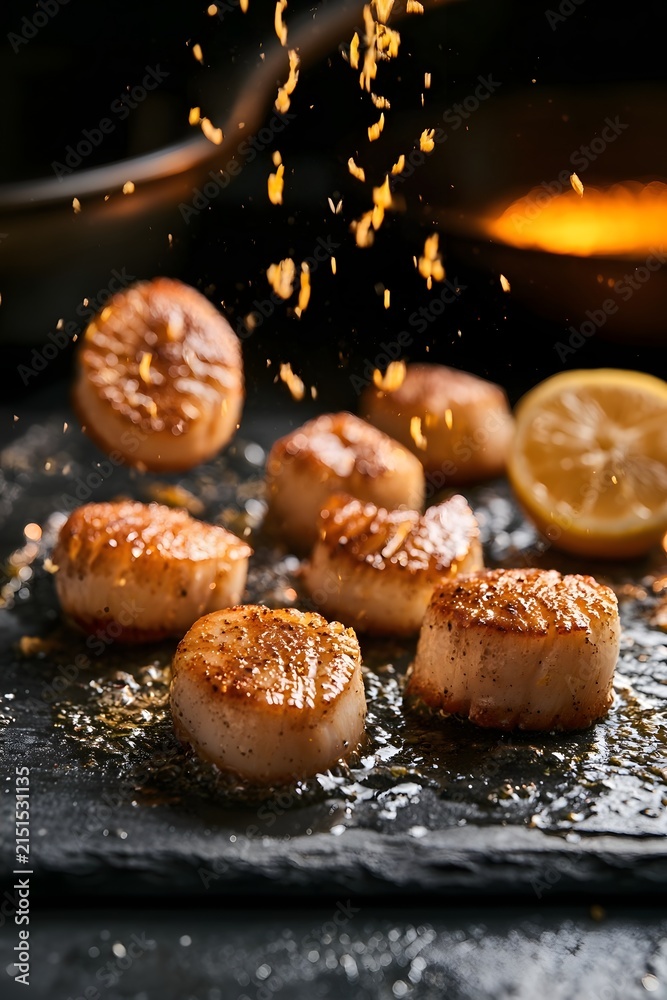 Fototapeta premium Seared Scallops Mid-Preparation with Lemon Zest