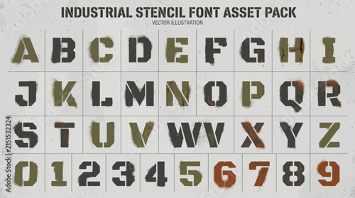 A grid of stencilstyle letters and numbers with a gritty distressed industrial spraypaint texture