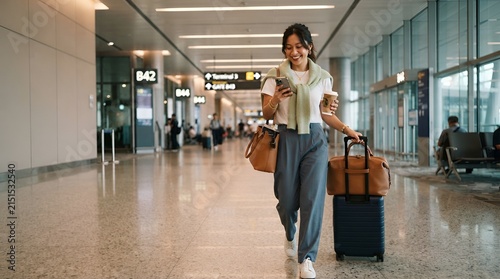 Young female traveler walking through a modern airport corridor while checking her mobile phone with luggage and travel bags in hand