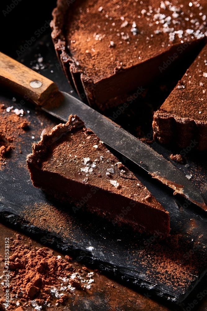 Fototapeta premium Rustic Dark Chocolate Tart with Sea Salt on Slate Board