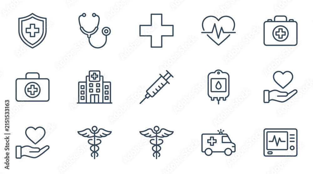 Fototapeta premium Set of medical icons stethoscope syringe ambulance first aid kit hospital caduceus heart monitor blood bag shield and cross on transparent background